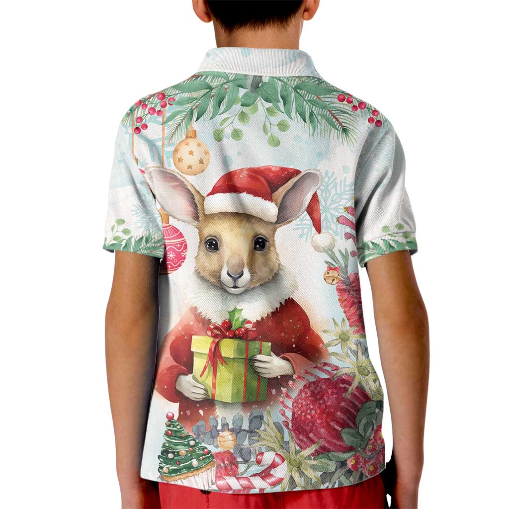 Australia Christmas Kid Polo Shirt Kangaroo Santa With Aussie Flower - Watercolor