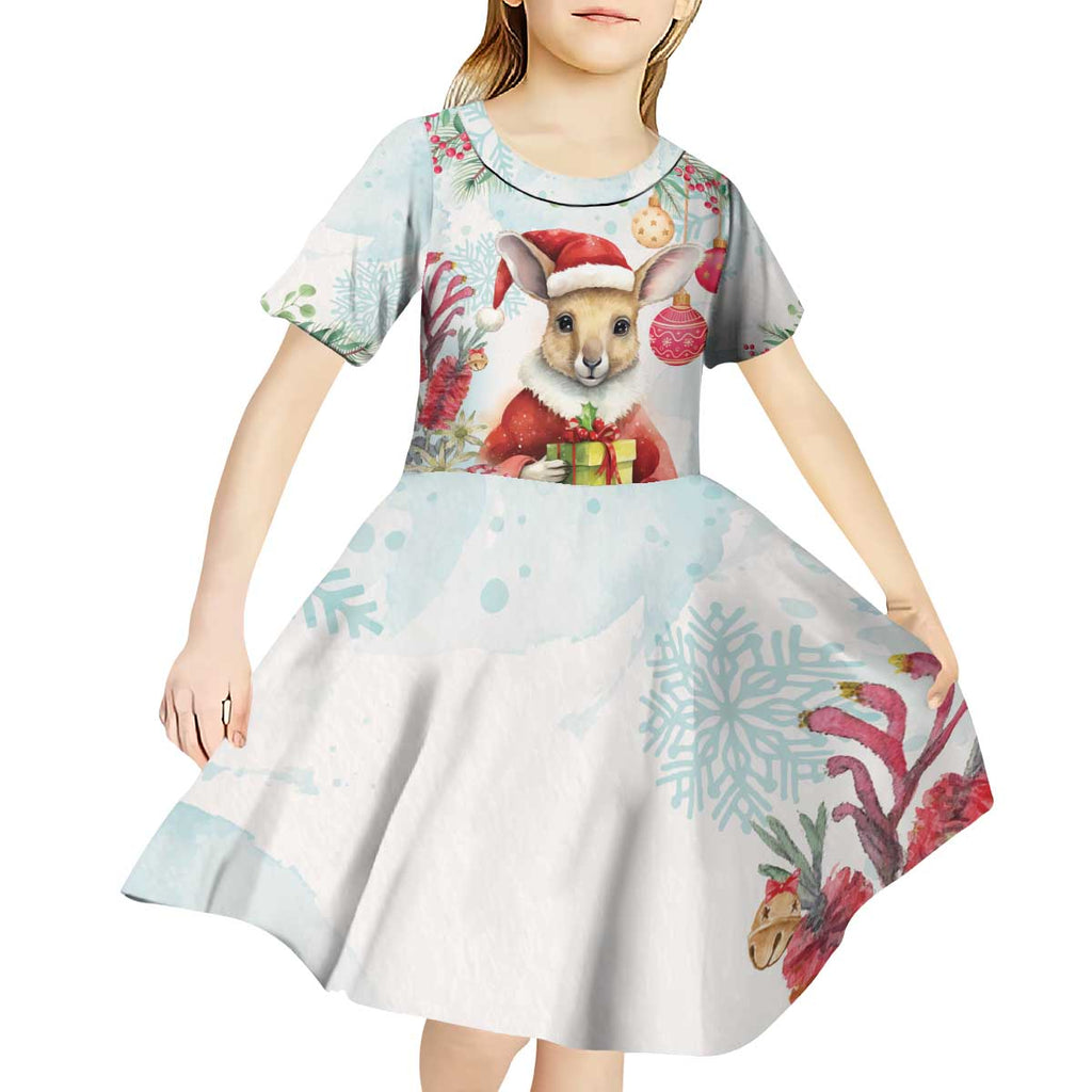 Australia Christmas Kid Short Sleeve Dress Kangaroo Santa With Aussie Flower - Watercolor