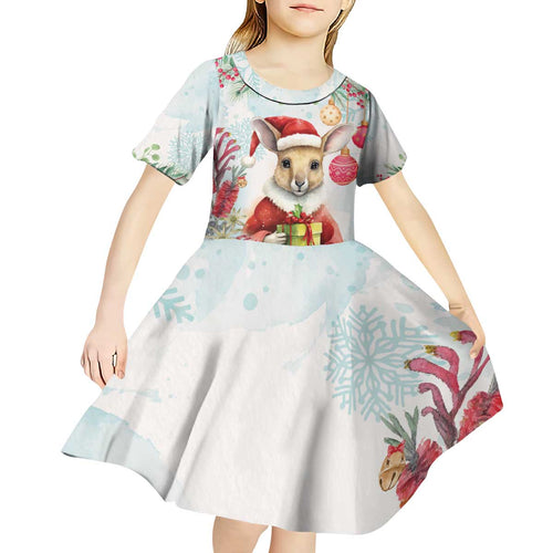 Australia Christmas Kid Short Sleeve Dress Kangaroo Santa With Aussie Flower - Watercolor