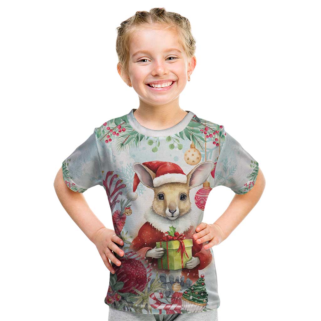 Australia Christmas Kid T Shirt Kangaroo Santa With Aussie Flower - Watercolor