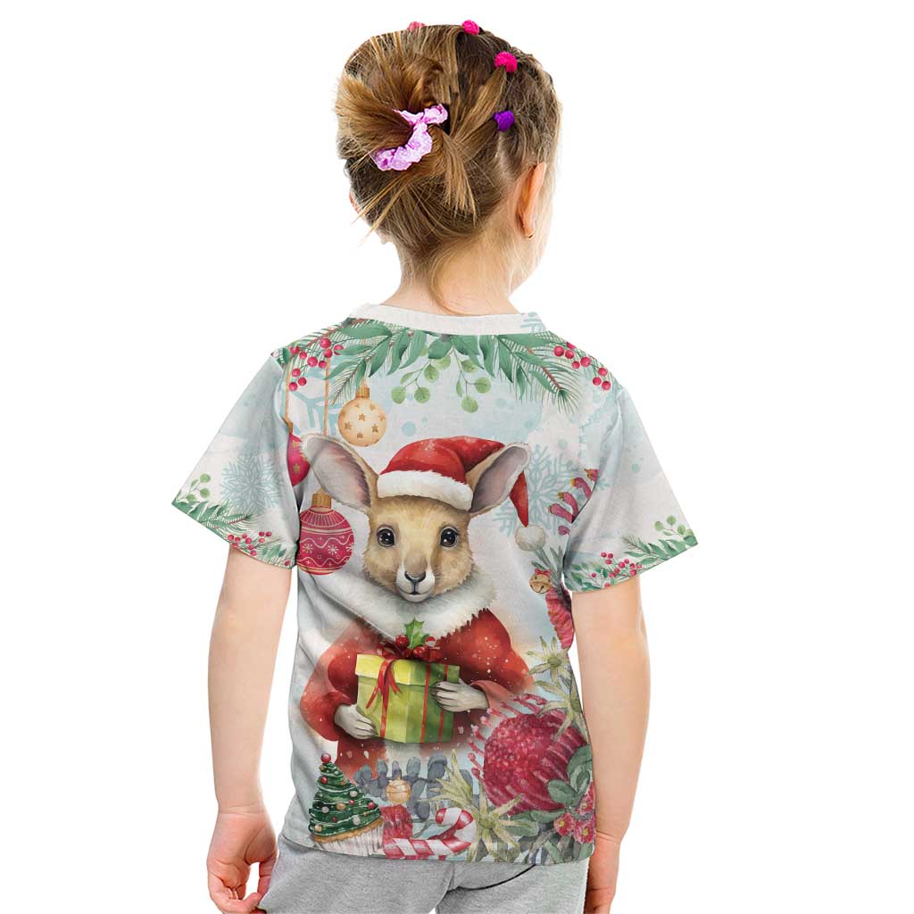 Australia Christmas Kid T Shirt Kangaroo Santa With Aussie Flower - Watercolor