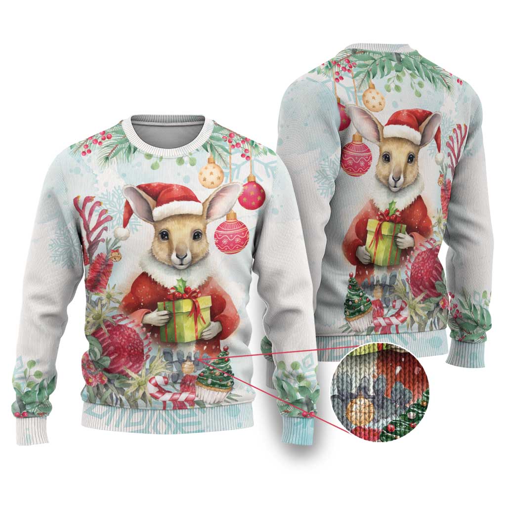 Australia Christmas Ugly Christmas Sweater Kangaroo Santa With Aussie Flower - Watercolor