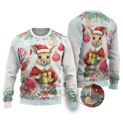 Australia Christmas Ugly Christmas Sweater Kangaroo Santa With Aussie Flower - Watercolor