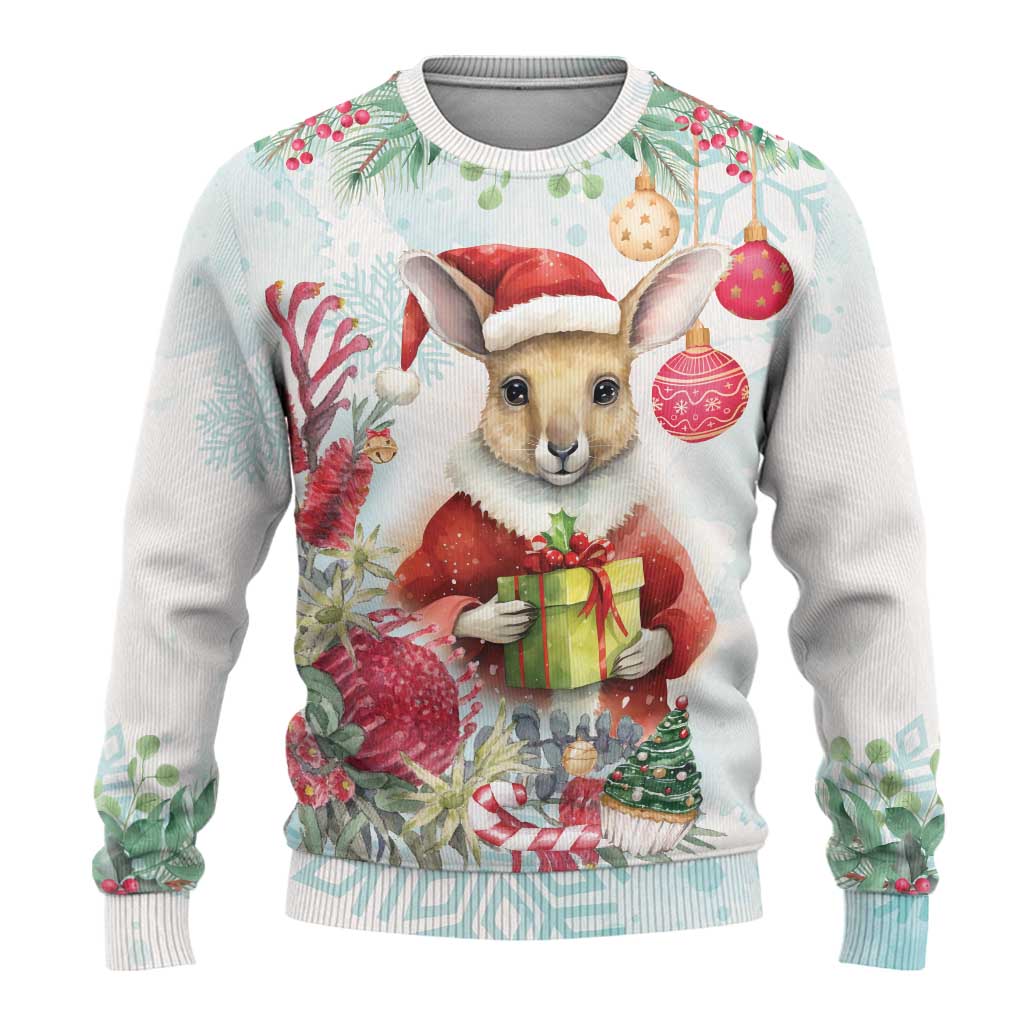 Australia Christmas Ugly Christmas Sweater Kangaroo Santa With Aussie Flower - Watercolor
