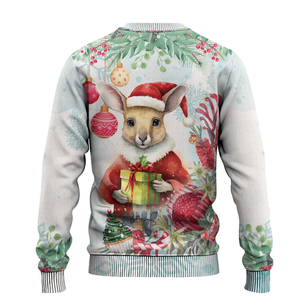 Australia Christmas Ugly Christmas Sweater Kangaroo Santa With Aussie Flower - Watercolor