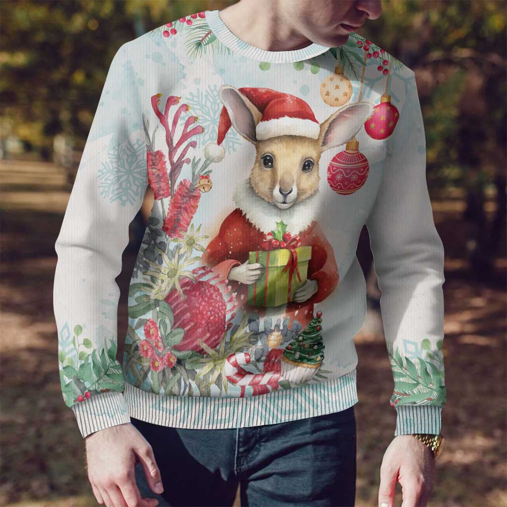 Australia Christmas Ugly Christmas Sweater Kangaroo Santa With Aussie Flower - Watercolor
