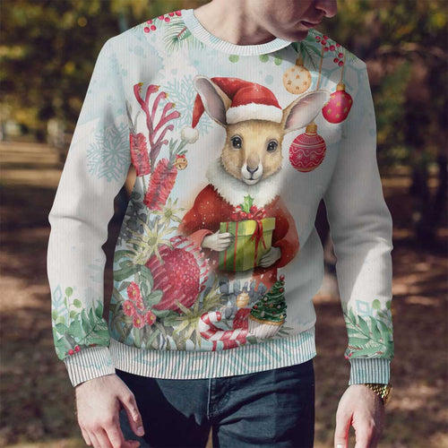 Australia Christmas Ugly Christmas Sweater Kangaroo Santa With Aussie Flower - Watercolor