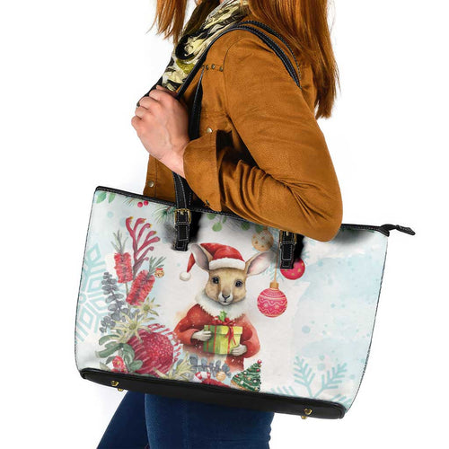 Australia Christmas Leather Tote Bag Kangaroo Santa With Aussie Flower - Watercolor