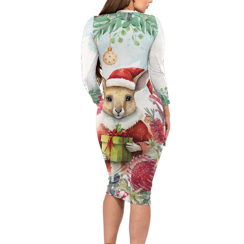 Australia Christmas Long Sleeve Bodycon Dress Kangaroo Santa With Aussie Flower - Watercolor