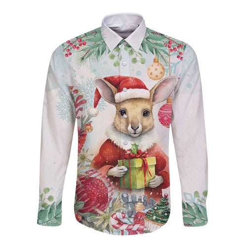 Australia Christmas Long Sleeve Button Shirt Kangaroo Santa With Aussie Flower - Watercolor