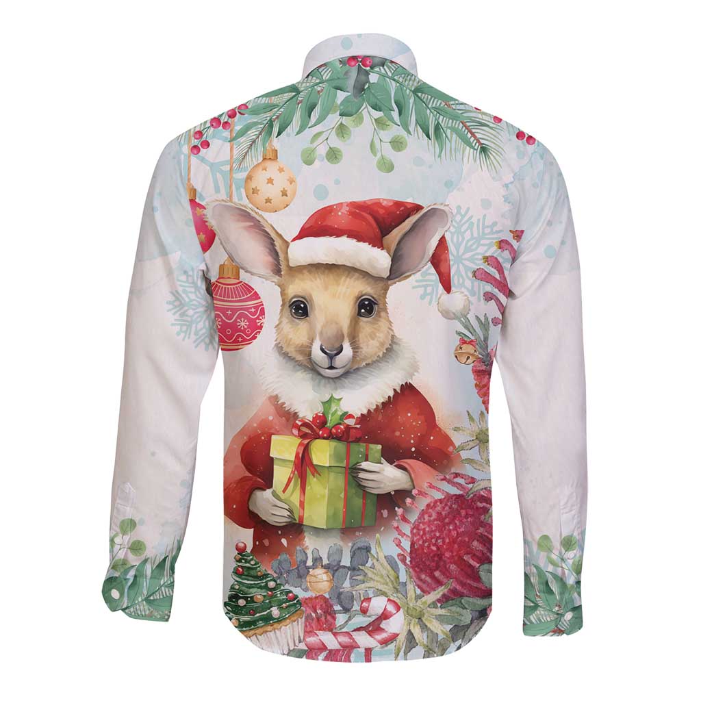 Australia Christmas Long Sleeve Button Shirt Kangaroo Santa With Aussie Flower - Watercolor
