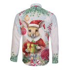 Australia Christmas Long Sleeve Button Shirt Kangaroo Santa With Aussie Flower - Watercolor