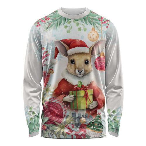 Australia Christmas Long Sleeve Shirt Kangaroo Santa With Aussie Flower - Watercolor