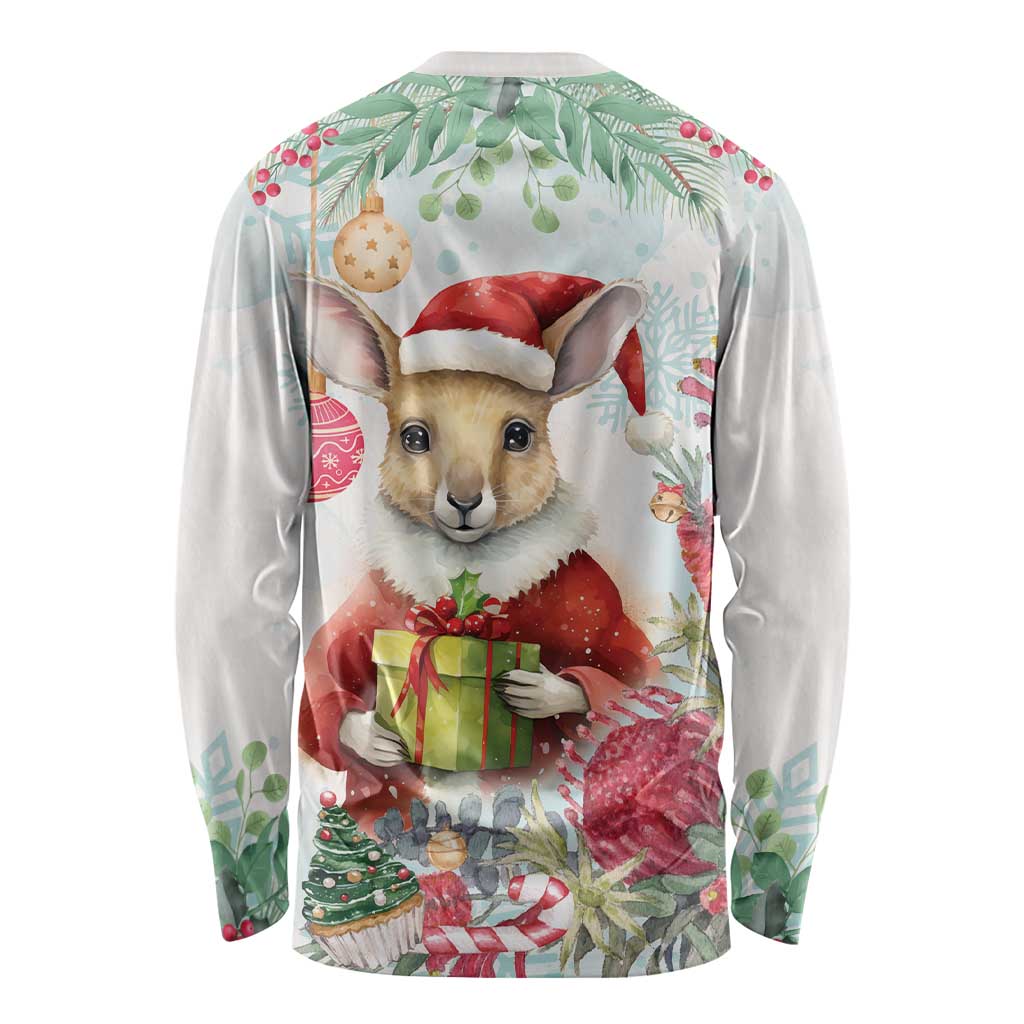 Australia Christmas Long Sleeve Shirt Kangaroo Santa With Aussie Flower - Watercolor