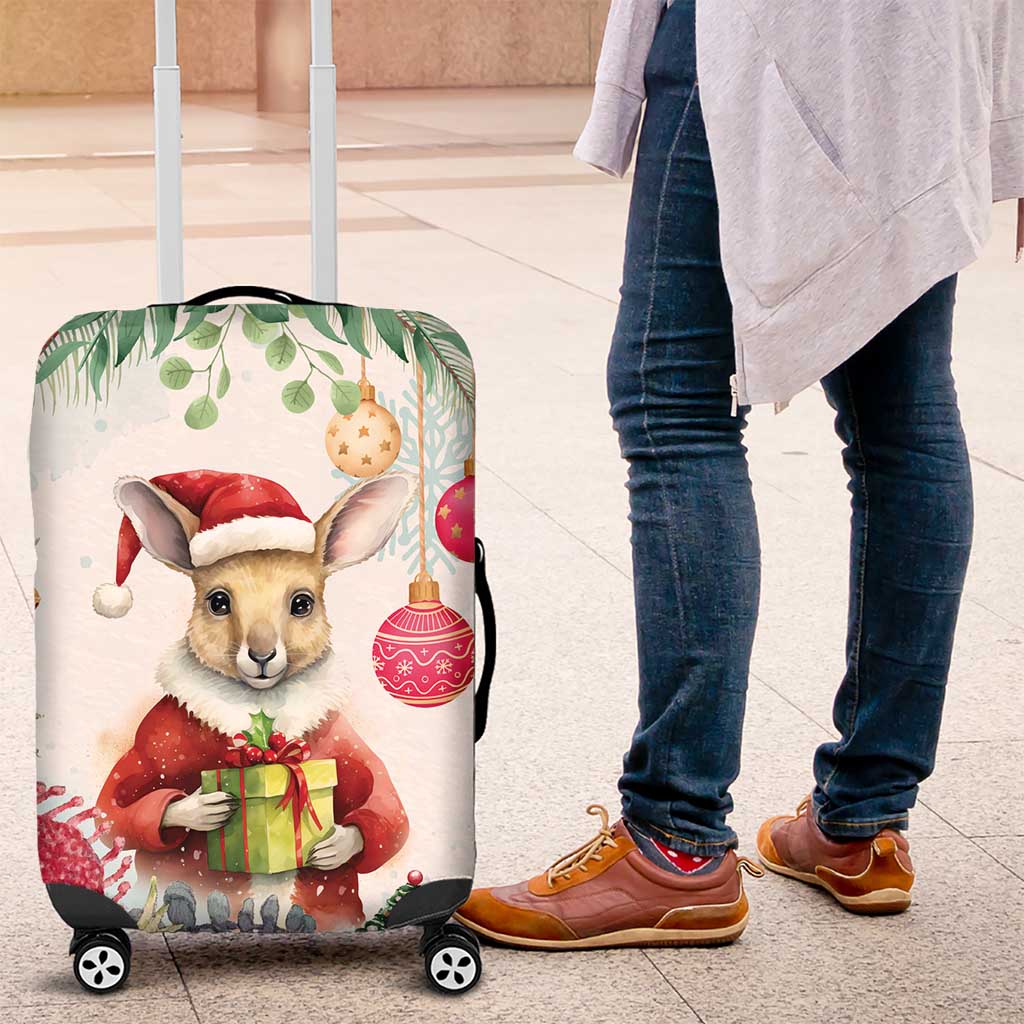 Australia Christmas Luggage Cover Kangaroo Santa With Aussie Flower - Watercolor