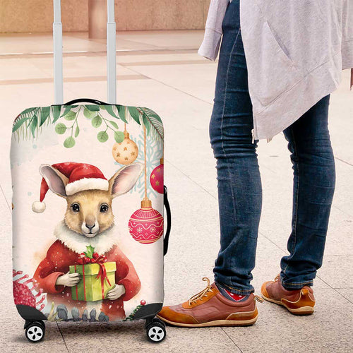 Australia Christmas Luggage Cover Kangaroo Santa With Aussie Flower - Watercolor