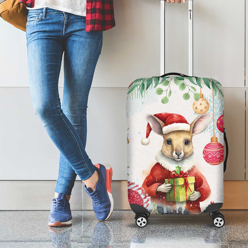 Australia Christmas Luggage Cover Kangaroo Santa With Aussie Flower - Watercolor