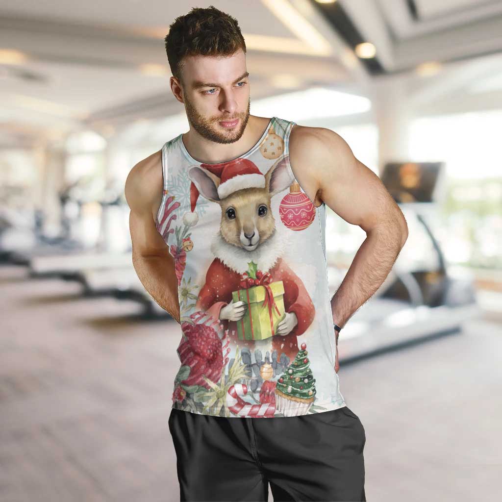 Australia Christmas Men Tank Top Kangaroo Santa With Aussie Flower - Watercolor