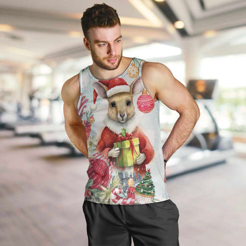Australia Christmas Men Tank Top Kangaroo Santa With Aussie Flower - Watercolor