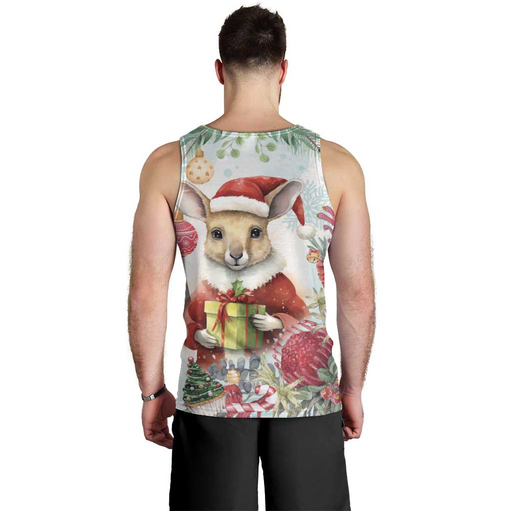 Australia Christmas Men Tank Top Kangaroo Santa With Aussie Flower - Watercolor