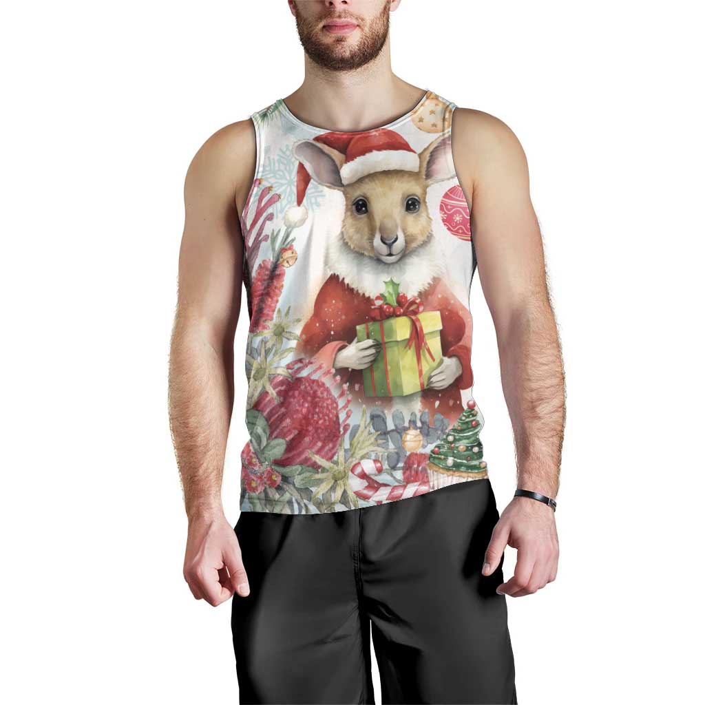 Australia Christmas Men Tank Top Kangaroo Santa With Aussie Flower - Watercolor