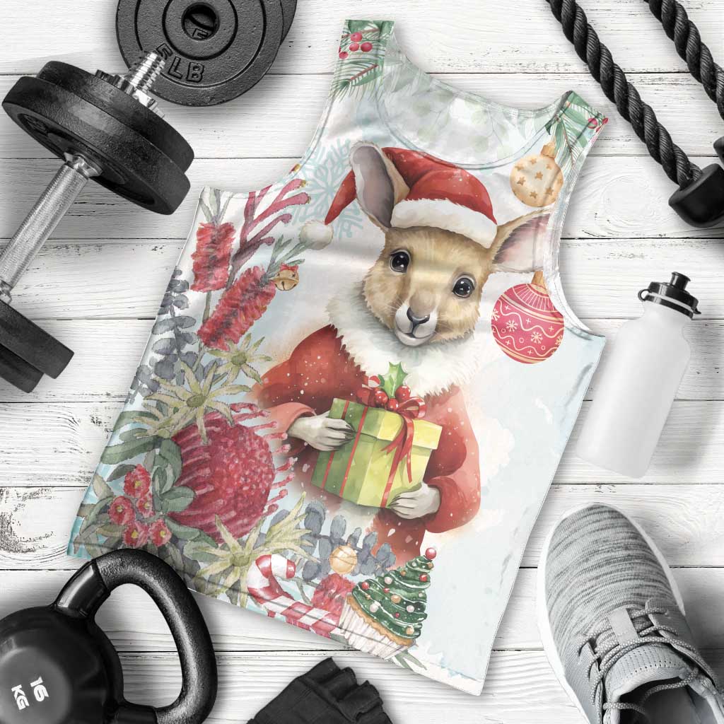 Australia Christmas Men Tank Top Kangaroo Santa With Aussie Flower - Watercolor