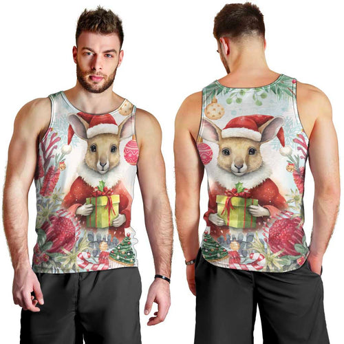 Australia Christmas Men Tank Top Kangaroo Santa With Aussie Flower - Watercolor