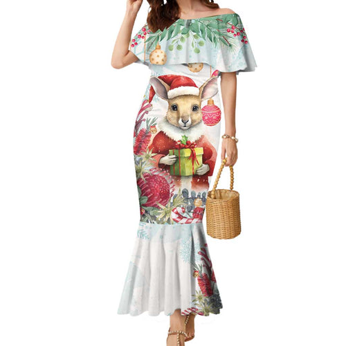 Australia Christmas Mermaid Dress Kangaroo Santa With Aussie Flower - Watercolor