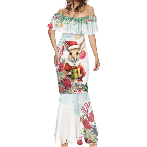 Australia Christmas Mermaid Dress Kangaroo Santa With Aussie Flower - Watercolor