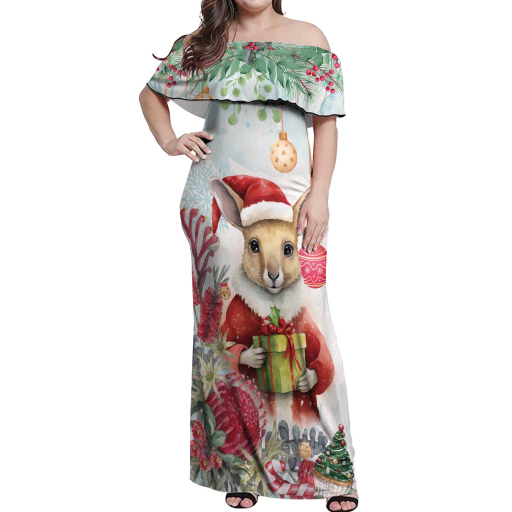 Australia Christmas Off Shoulder Maxi Dress Kangaroo Santa With Aussie Flower - Watercolor