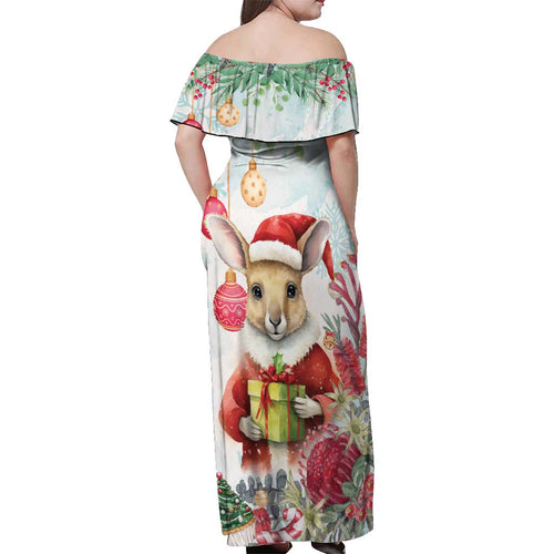 Australia Christmas Off Shoulder Maxi Dress Kangaroo Santa With Aussie Flower - Watercolor