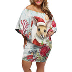 Australia Christmas Off Shoulder Short Dress Kangaroo Santa With Aussie Flower - Watercolor