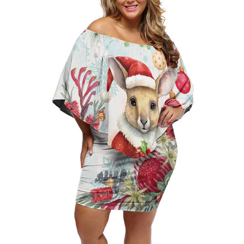 Australia Christmas Off Shoulder Short Dress Kangaroo Santa With Aussie Flower - Watercolor