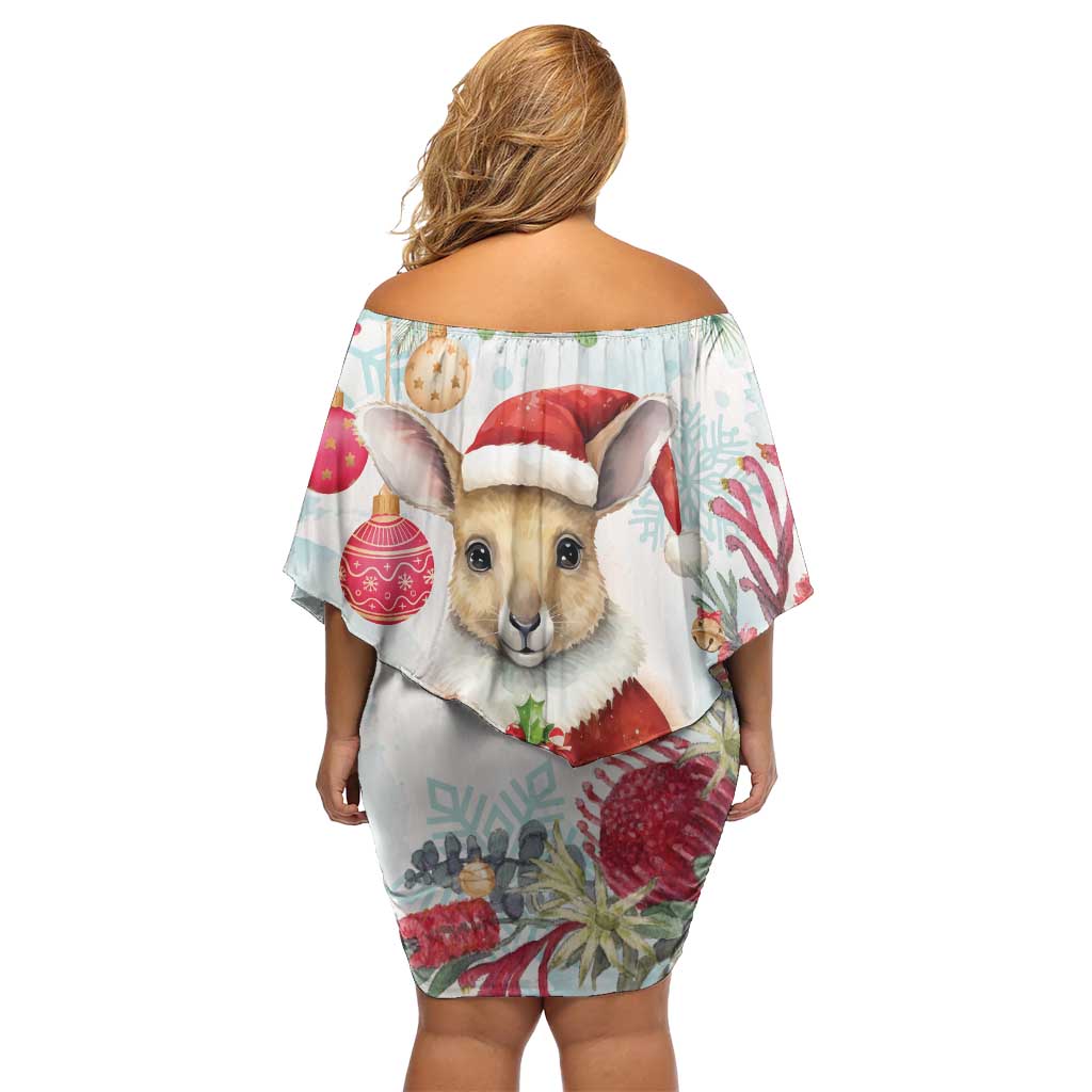 Australia Christmas Off Shoulder Short Dress Kangaroo Santa With Aussie Flower - Watercolor