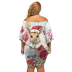 Australia Christmas Off Shoulder Short Dress Kangaroo Santa With Aussie Flower - Watercolor