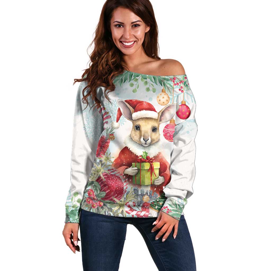 Australia Christmas Off Shoulder Sweater Kangaroo Santa With Aussie Flower - Watercolor