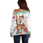 Australia Christmas Off Shoulder Sweater Kangaroo Santa With Aussie Flower - Watercolor
