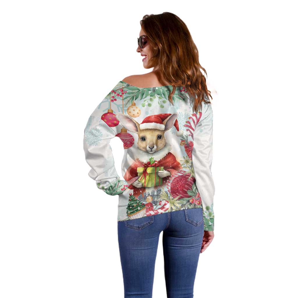 Australia Christmas Off Shoulder Sweater Kangaroo Santa With Aussie Flower - Watercolor
