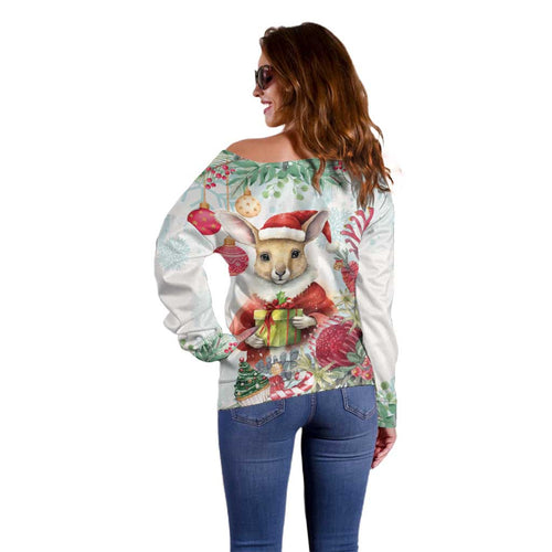 Australia Christmas Off Shoulder Sweater Kangaroo Santa With Aussie Flower - Watercolor