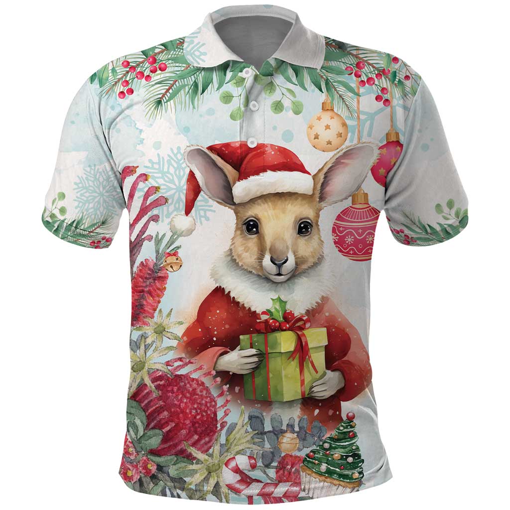 Australia Christmas Polo Shirt Kangaroo Santa With Aussie Flower - Watercolor