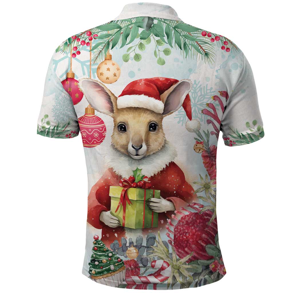 Australia Christmas Polo Shirt Kangaroo Santa With Aussie Flower - Watercolor