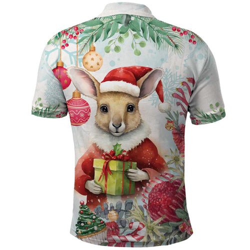 Australia Christmas Polo Shirt Kangaroo Santa With Aussie Flower - Watercolor