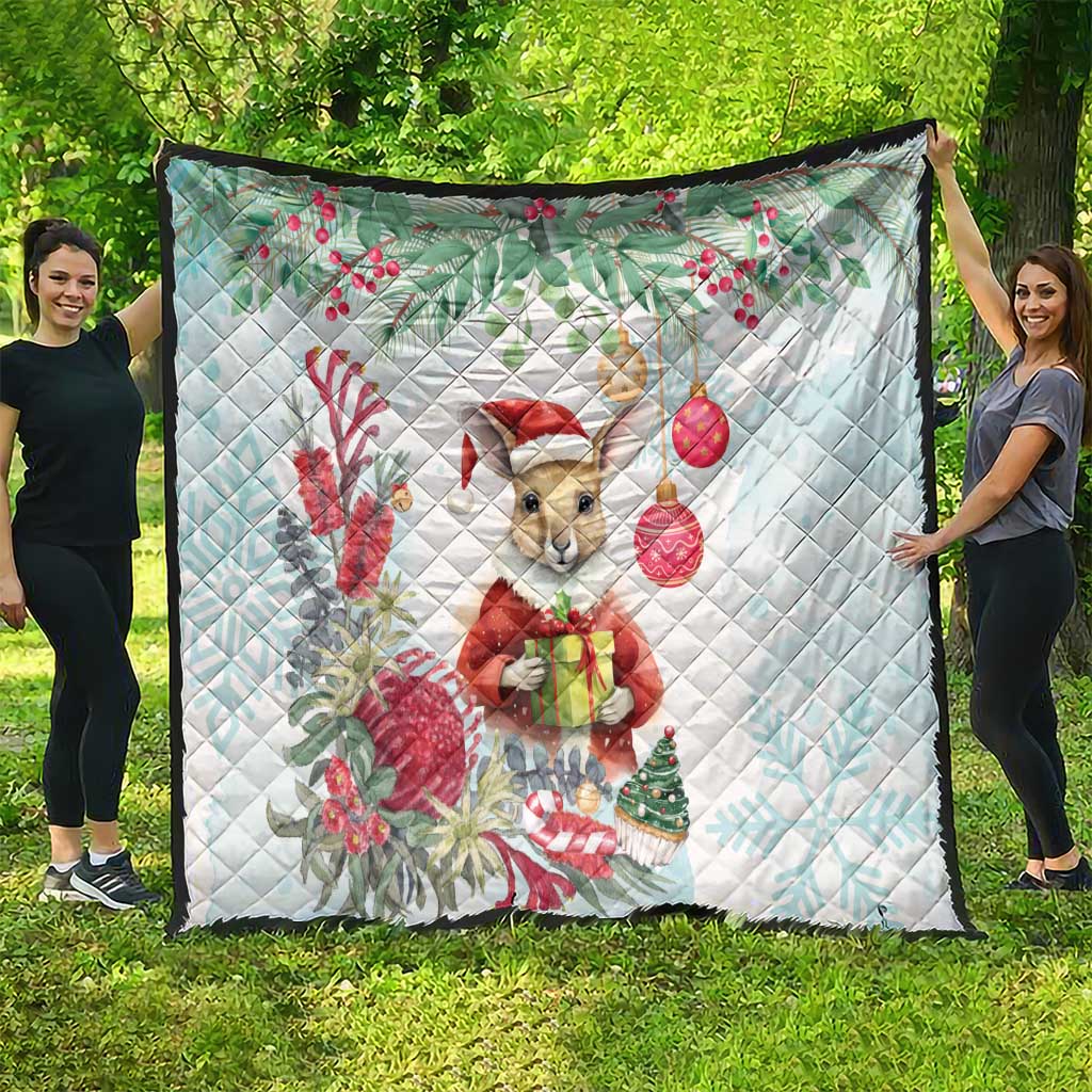 Australia Christmas Quilt Kangaroo Santa With Aussie Flower - Watercolor