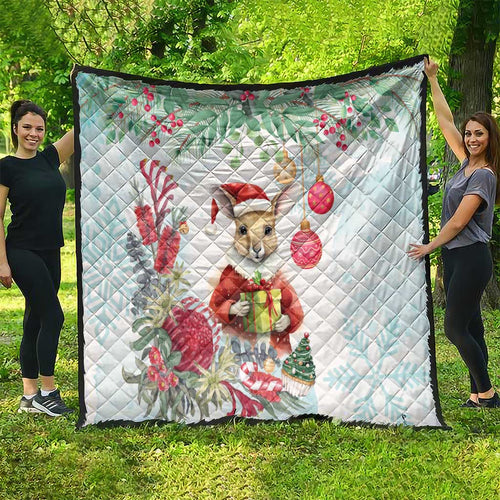 Australia Christmas Quilt Kangaroo Santa With Aussie Flower - Watercolor