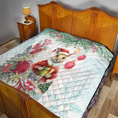 Australia Christmas Quilt Kangaroo Santa With Aussie Flower - Watercolor