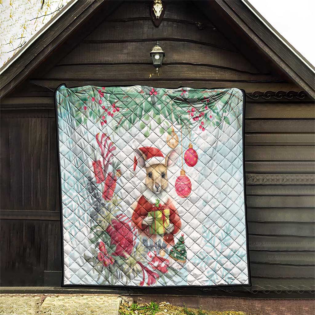 Australia Christmas Quilt Kangaroo Santa With Aussie Flower - Watercolor