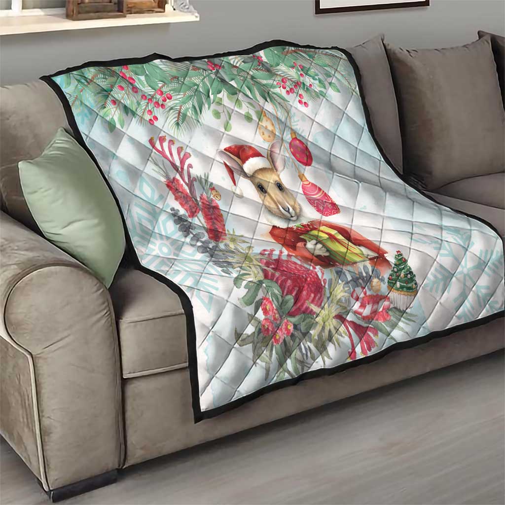 Australia Christmas Quilt Kangaroo Santa With Aussie Flower - Watercolor