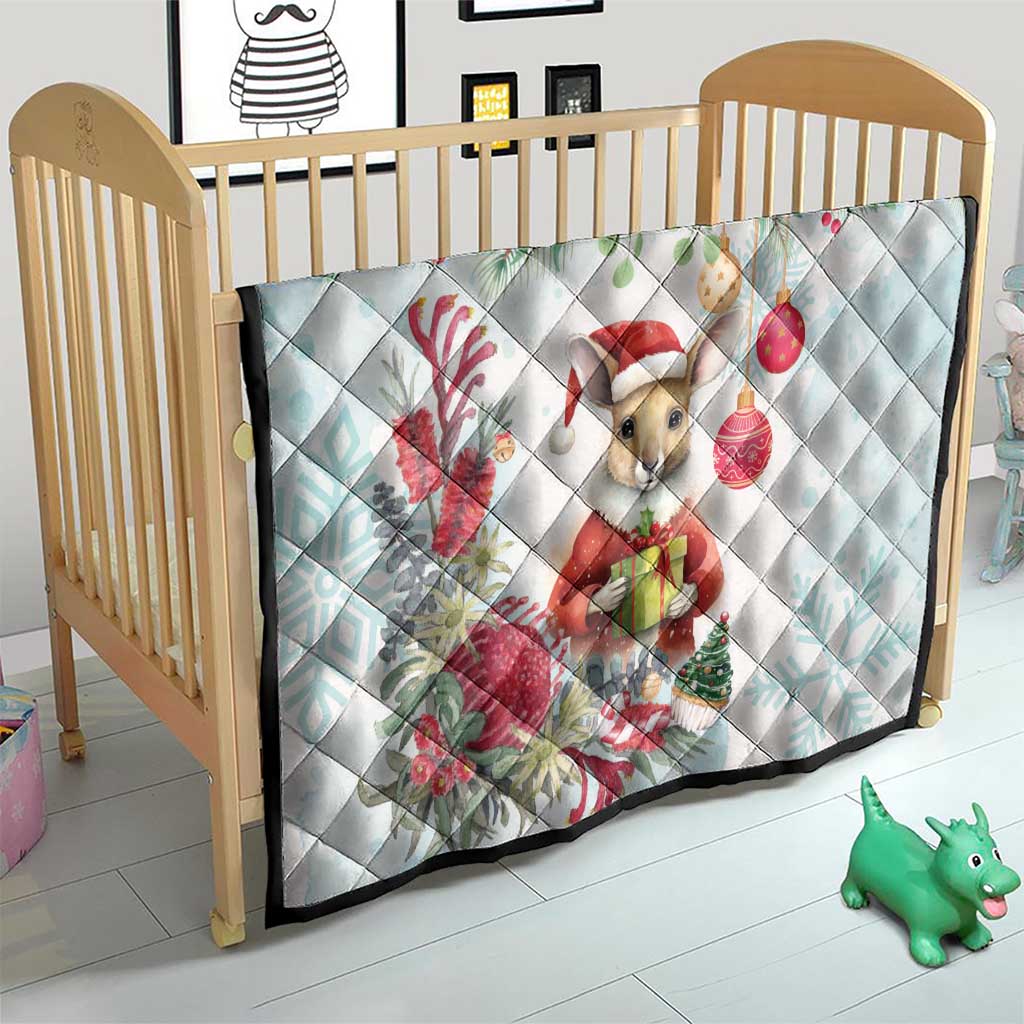 Australia Christmas Quilt Kangaroo Santa With Aussie Flower - Watercolor