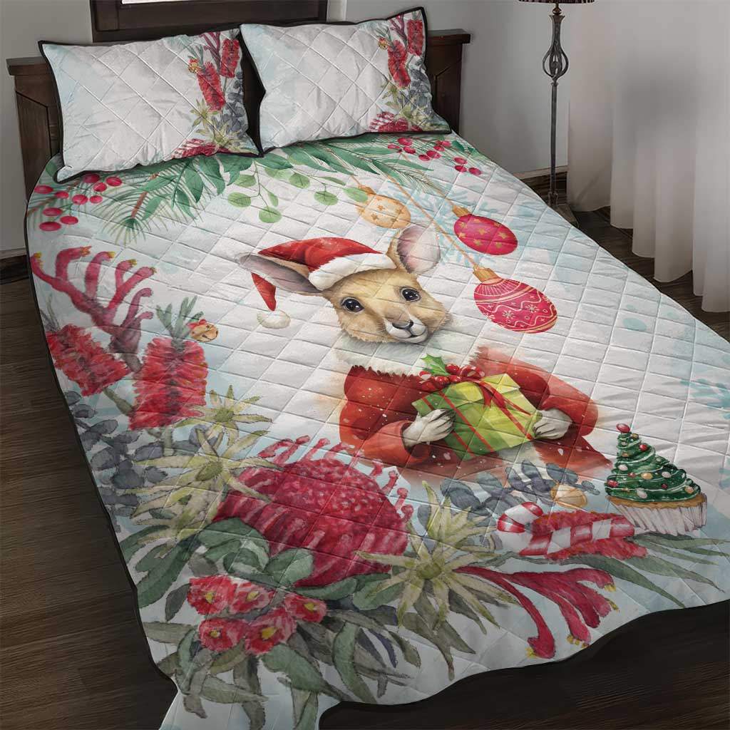 Australia Christmas Quilt Bed Set Kangaroo Santa With Aussie Flower - Watercolor
