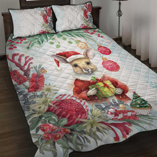 Australia Christmas Quilt Bed Set Kangaroo Santa With Aussie Flower - Watercolor